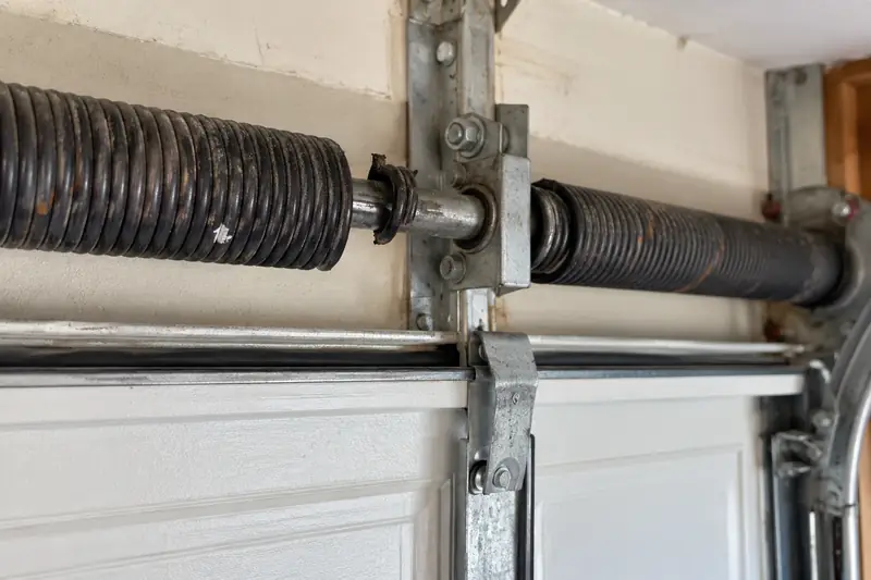 Torsion spring above a garage door with a clean break in the coil next to the center bracket