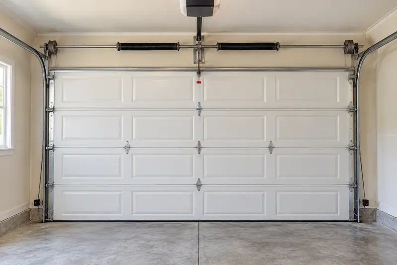 Inside a garage looking at a closed white steel door: torsion springs on the shaft above, cable drums at each end, tracks and rollers down both sides, the opener on the ceiling with its red release cord, and safety sensors near the floor