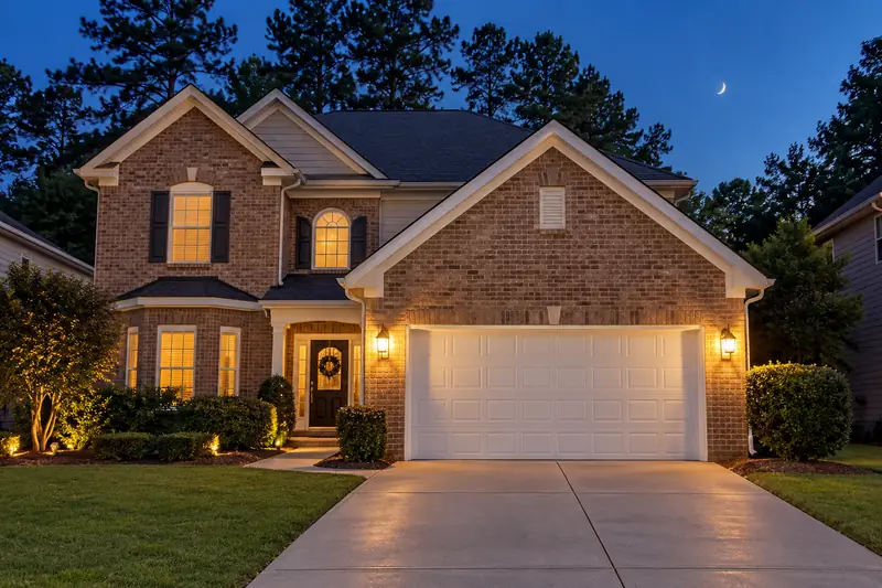 Brick two-story home at dusk with a white two-car garage door lit by two wall lanterns