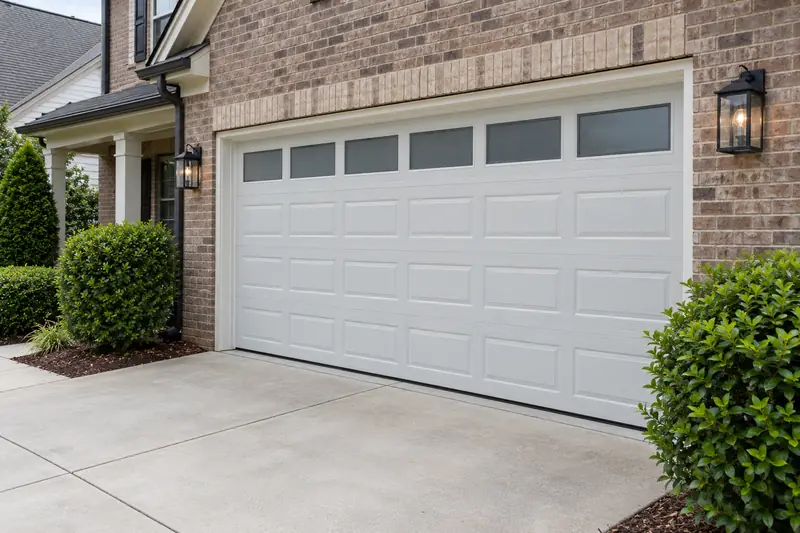 New white raised-panel garage door with a row of windows across the top, set in a brick wall